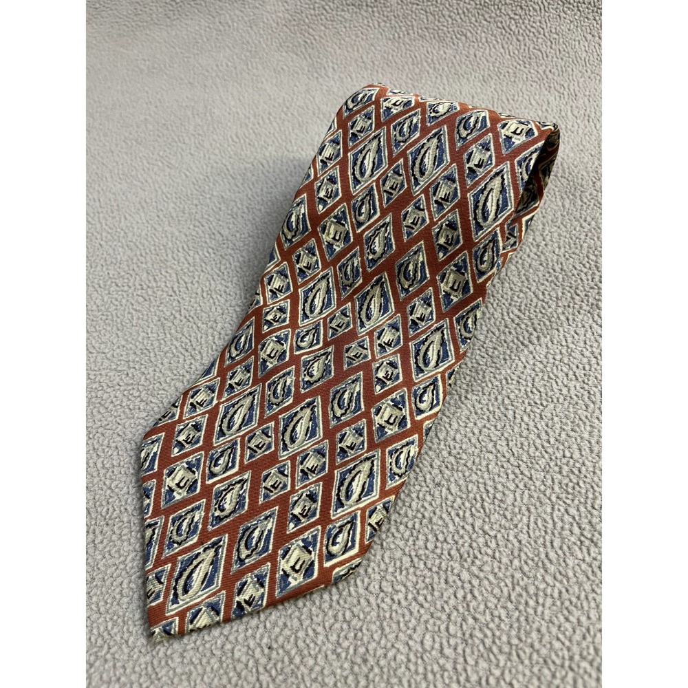 Collezione Zenio Mens Silk Tie Geometric Diamond Pattern Brown Blue Gold